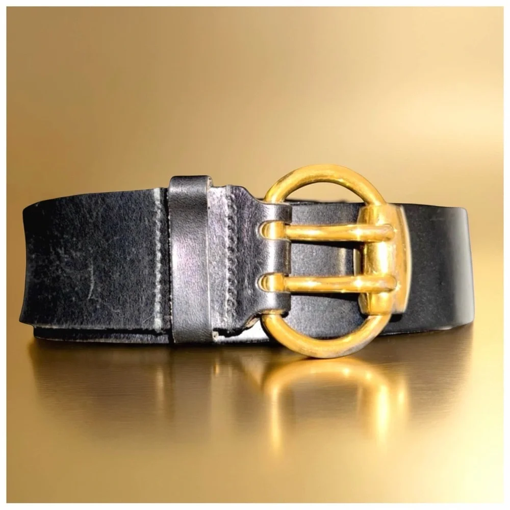 Bijan Men’s Black Leather Belt with Gold Buckle. 48”